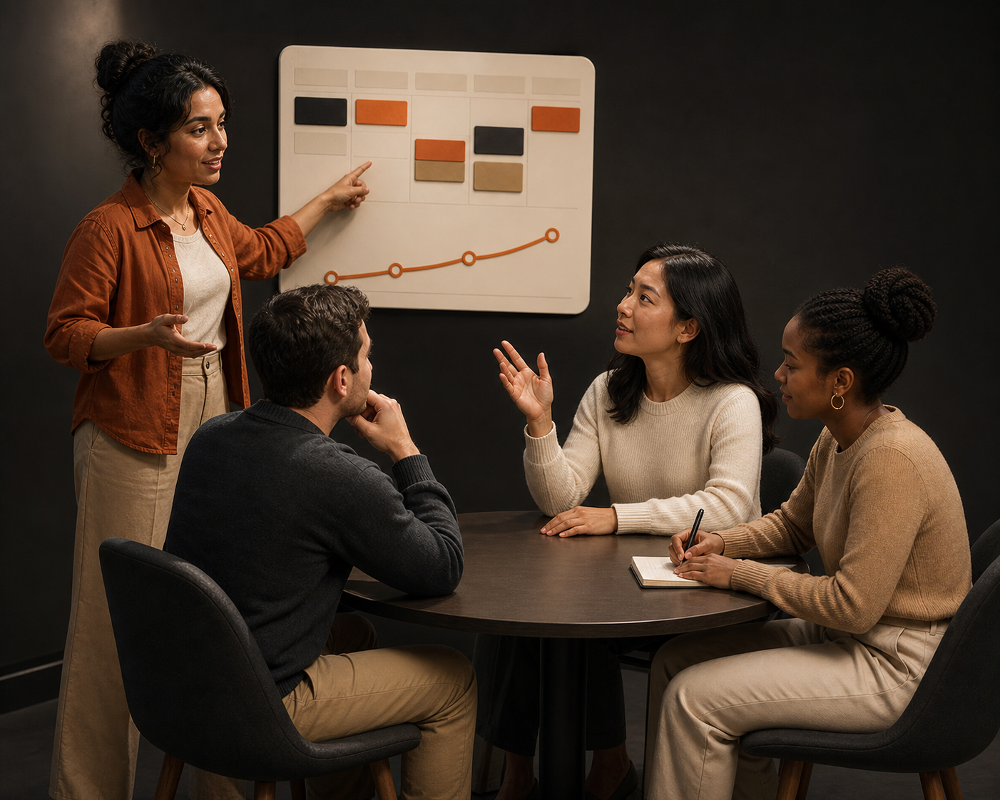 A facilitator and three people discussing a weekly plan and progress chart