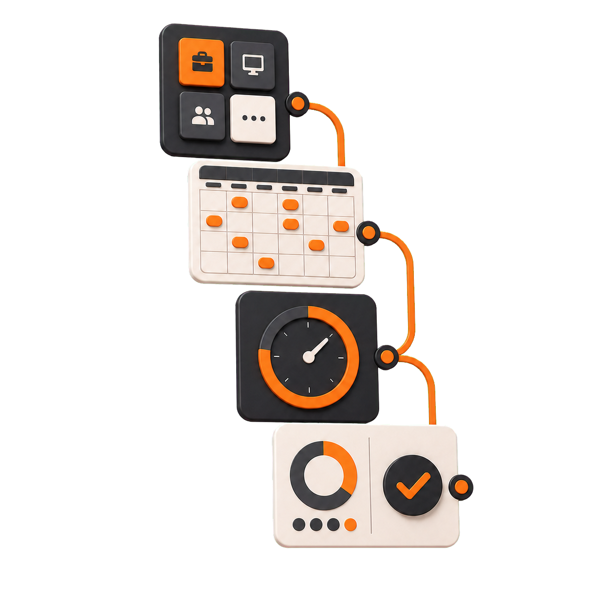 Four connected interface tiles showing work areas, weekly planning, a focus timer, and plan review
