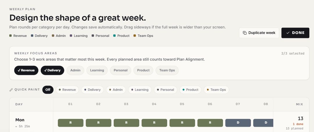PomoZentra weekly plan with focus areas and planned rounds in light mode
