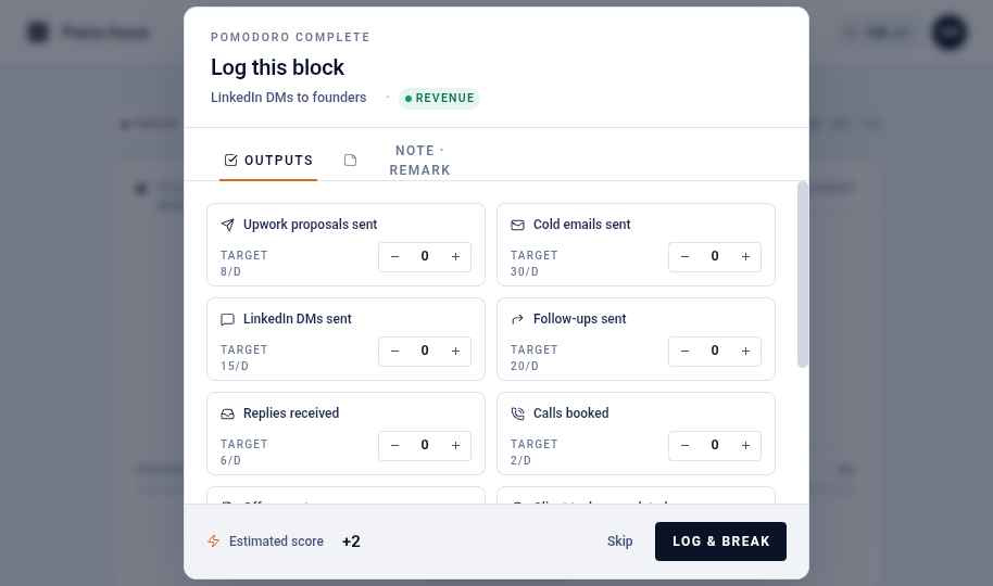 Output log modal with one-tap counters for proposals, cold emails, DMs, replies and calls, plus an estimated score