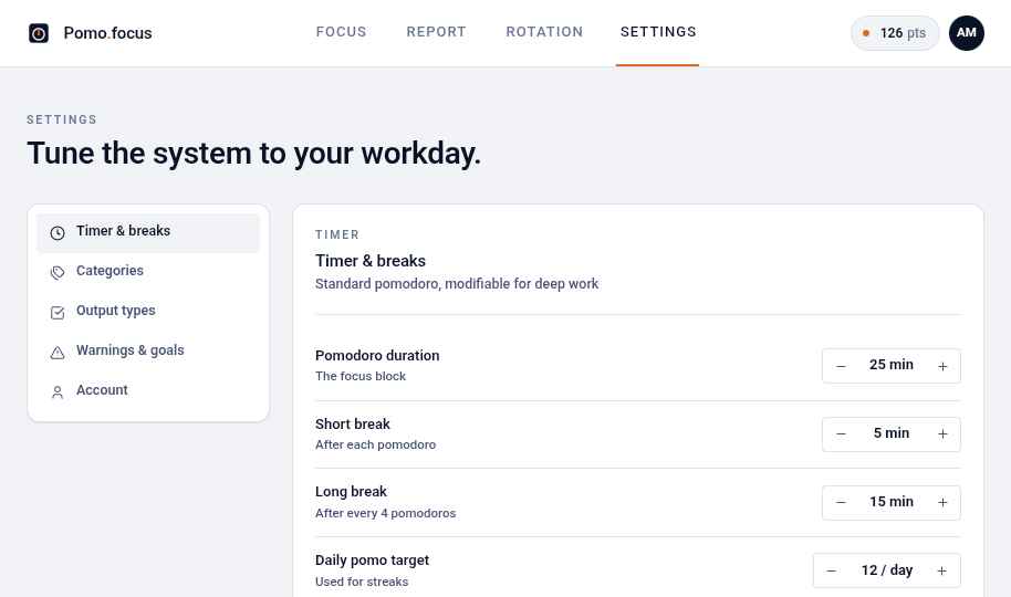 Timer and breaks settings with durations, autostart, sound cues and strict mode