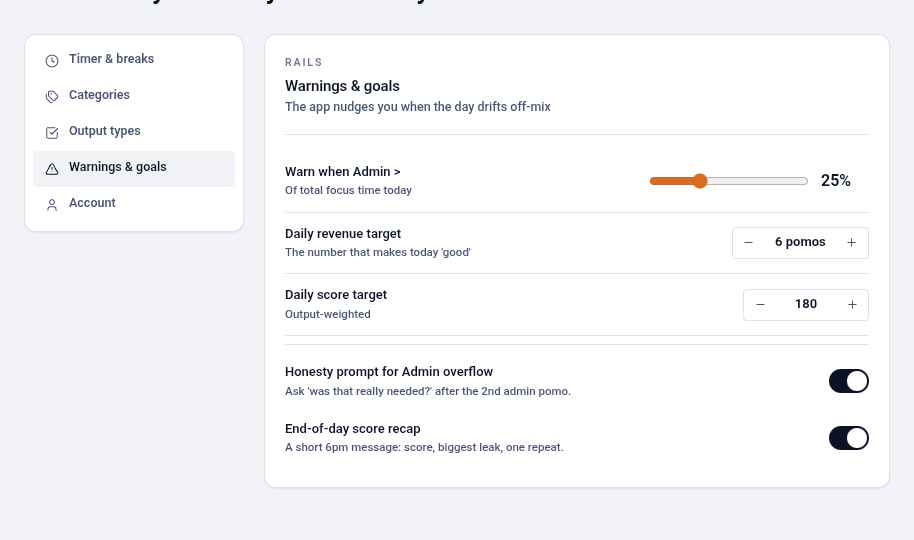 Warnings and goals settings with an admin warning slider, daily targets, honesty prompt and end-of-day recap
