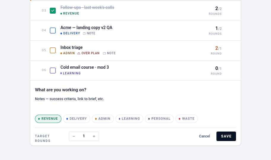 Inline task editor with category pickers and a target-rounds stepper