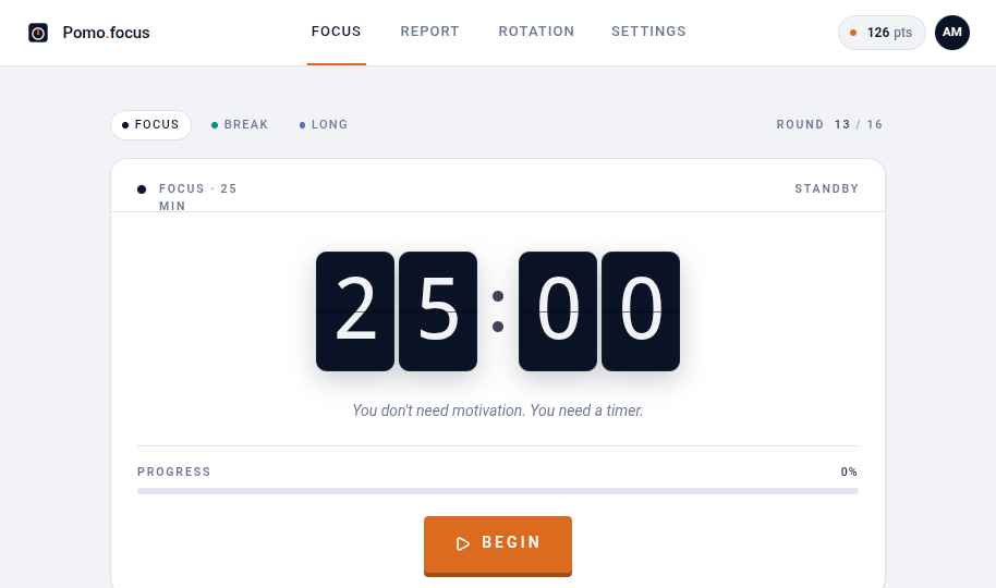 Pomo Zentra timer screen with a flip-clock at 25:00, mode chips, progress bar and a Begin button